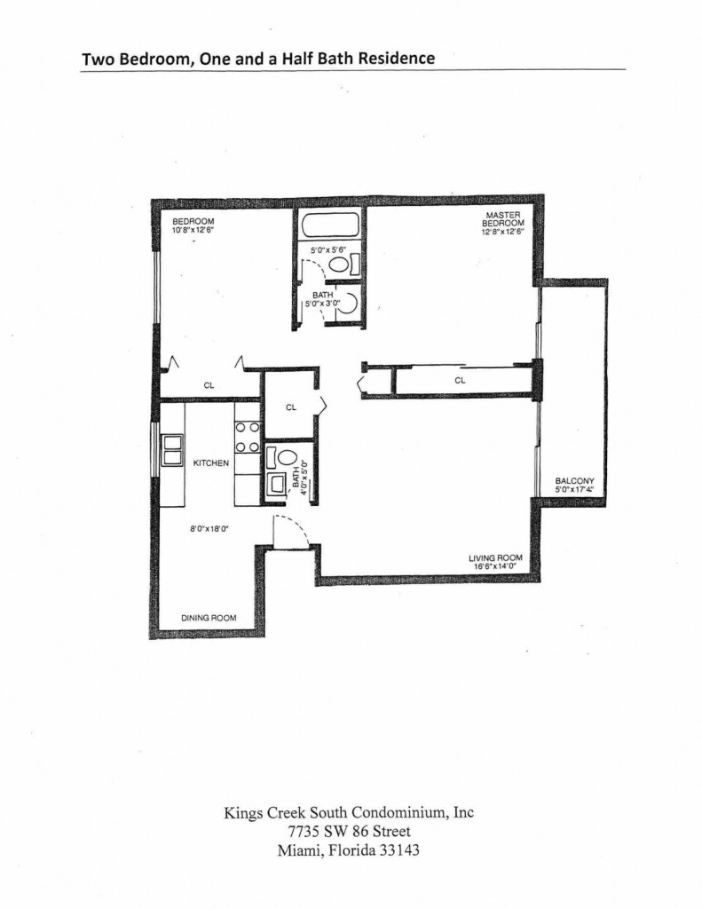 Two Bedroom One and a Half Bath Residence Floorplan